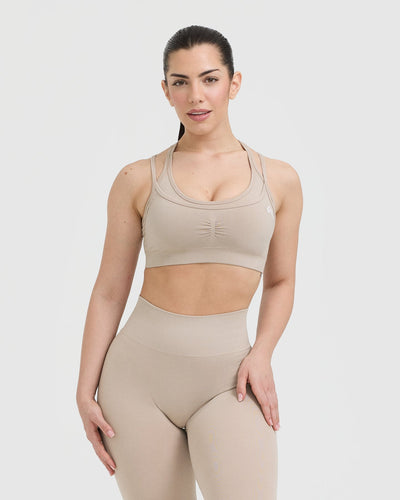 Effortless Seamless Layered Sports Bra with White Logo | Mushroom Brown
