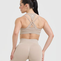 Effortless Seamless Layered Sports Bra with White Logo | Mushroom Brown