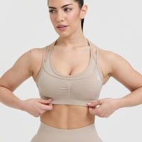 Effortless Seamless Layered Sports Bra with White Logo | Mushroom Brown