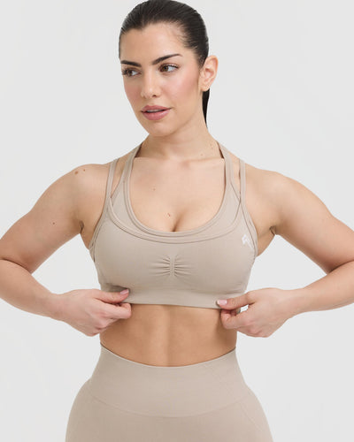 Effortless Seamless Layered Sports Bra with White Logo | Mushroom Brown