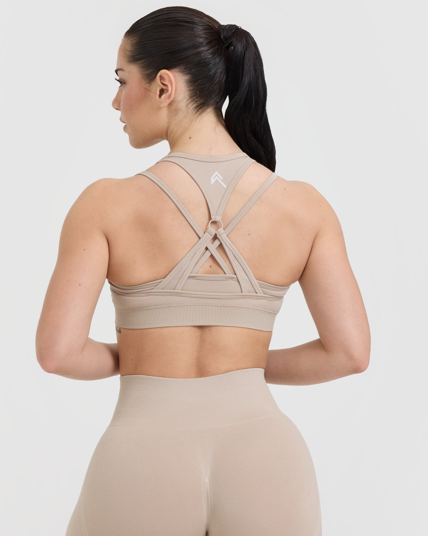 Effortless Seamless Layered Sports Bra with White Logo | Mushroom Brown