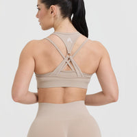 Effortless Seamless Layered Sports Bra with White Logo | Mushroom Brown