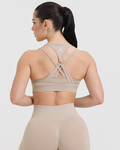 Effortless Seamless Layered Sports Bra with White Logo | Mushroom Brown