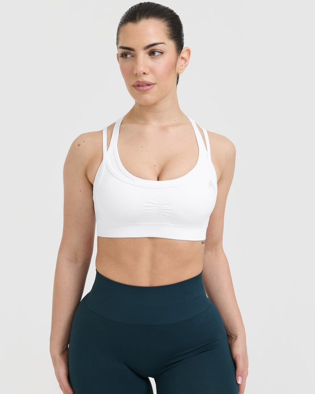 Effortless Seamless Layered Sports Bra with White Logo | White