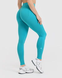 Effortless Seamless Leggings with White Logo | Aqua Blue
