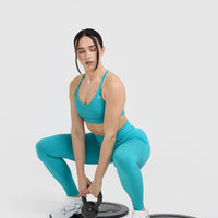 Effortless Seamless Leggings with White Logo | Aqua Blue