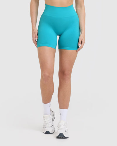 Effortless Seamless Shorts with White Logo | Aqua Blue