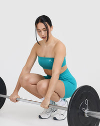 Effortless Seamless Shorts with White Logo | Aqua Blue