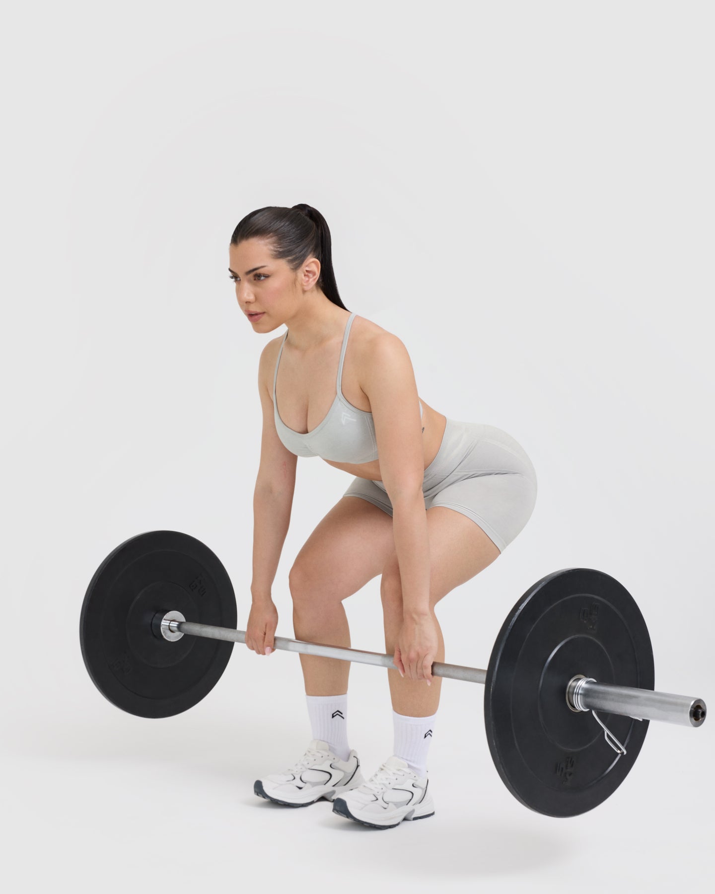 Effortless Seamless Shorts with White Logo | Light Grey Marl