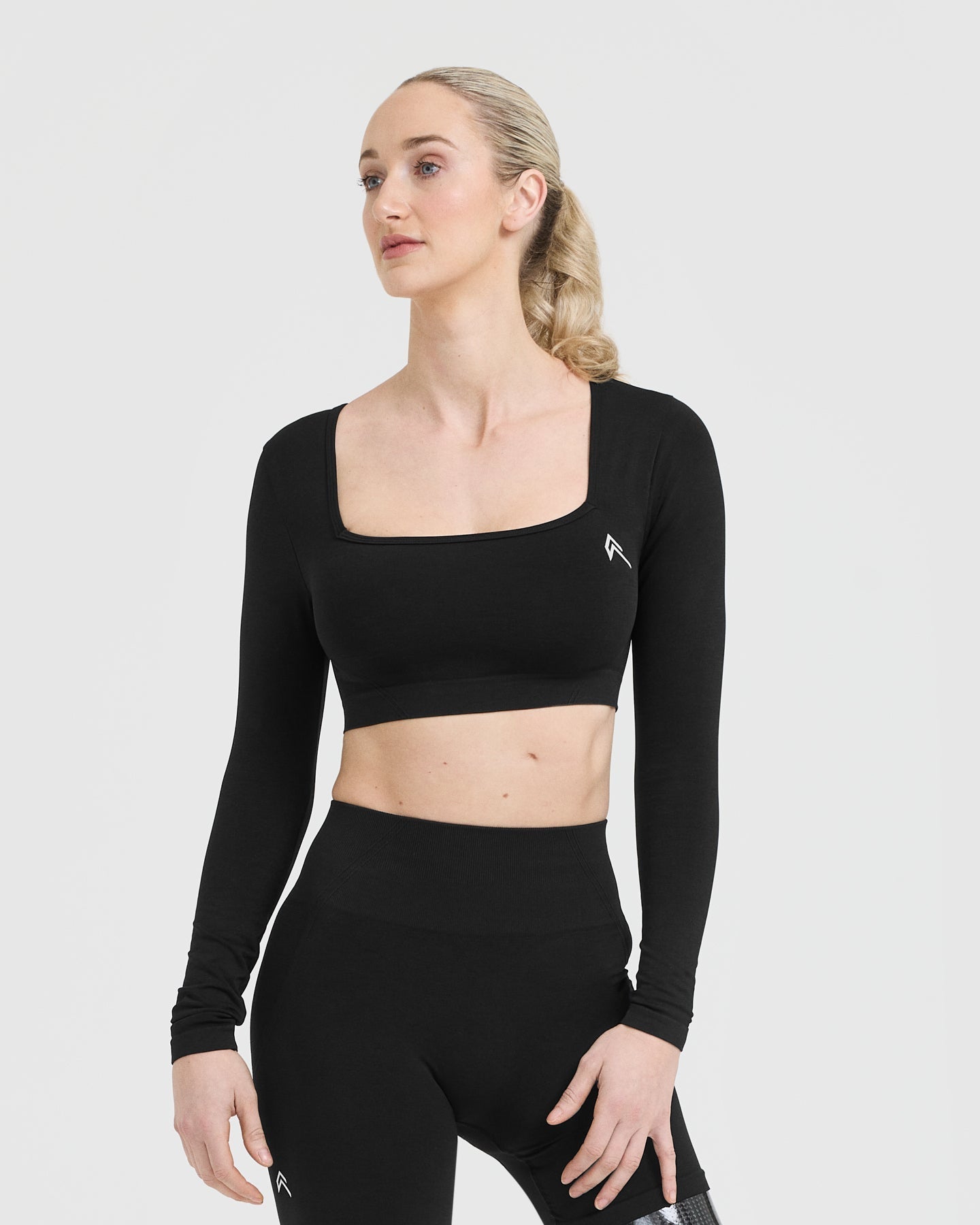 Effortless Square Neck Crop Long Sleeve Top with White Logo | Black