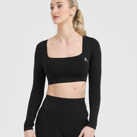 Effortless Square Neck Crop Long Sleeve Top with White Logo | Black