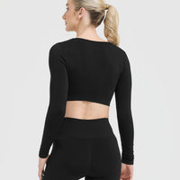 Effortless Square Neck Crop Long Sleeve Top with White Logo | Black