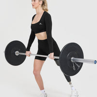 Effortless Square Neck Crop Long Sleeve Top with White Logo | Black