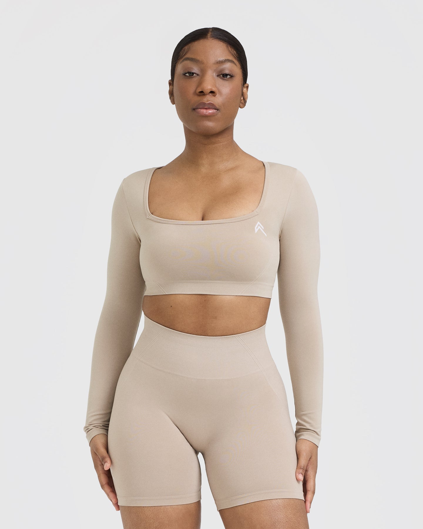 Effortless Square Neck Crop Long Sleeve Top with White Logo | Mushroom Brown