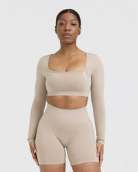 Effortless Square Neck Crop Long Sleeve Top with White Logo | Mushroom Brown