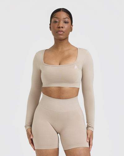 Effortless Square Neck Crop Long Sleeve Top with White Logo | Mushroom Brown
