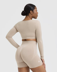 Effortless Square Neck Crop Long Sleeve Top with White Logo | Mushroom Brown