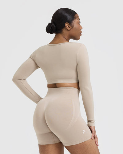 Effortless Square Neck Crop Long Sleeve Top with White Logo | Mushroom Brown