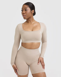 Effortless Square Neck Crop Long Sleeve Top with White Logo | Mushroom Brown
