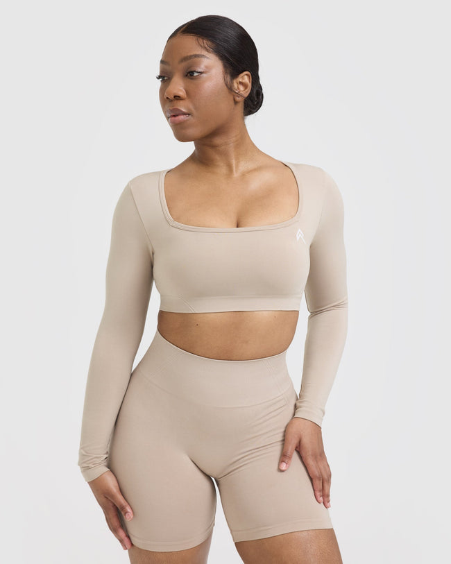 Effortless Square Neck Crop Long Sleeve Top with White Logo | Mushroom Brown