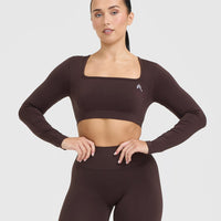 Effortless Square Neck Crop Long Sleeve Top with White Logo | Plum Brown