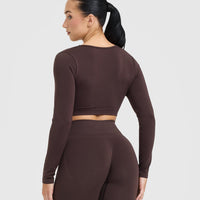 Effortless Square Neck Crop Long Sleeve Top with White Logo | Plum Brown