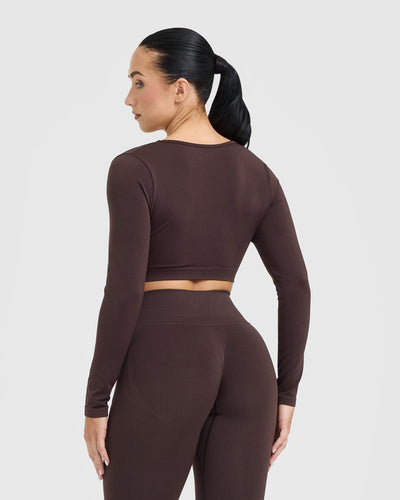 Effortless Square Neck Crop Long Sleeve Top with White Logo | Plum Brown