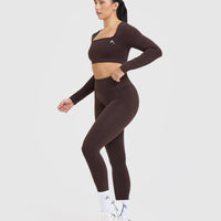 Effortless Square Neck Crop Long Sleeve Top with White Logo | Plum Brown