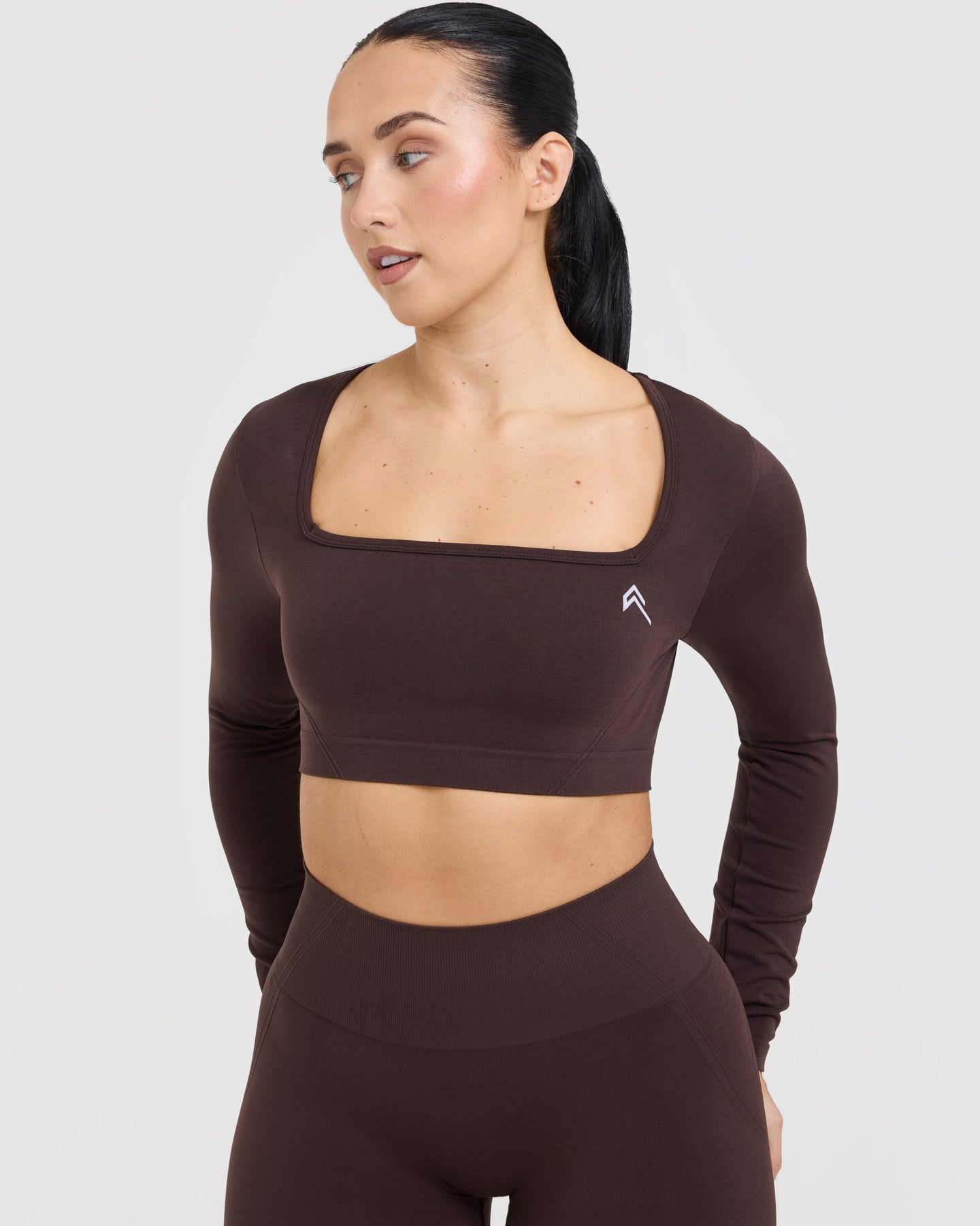 Effortless Square Neck Crop Long Sleeve Top with White Logo | Plum Brown