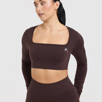 Effortless Square Neck Crop Long Sleeve Top with White Logo | Plum Brown
