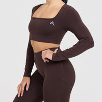Effortless Square Neck Crop Long Sleeve Top with White Logo | Plum Brown