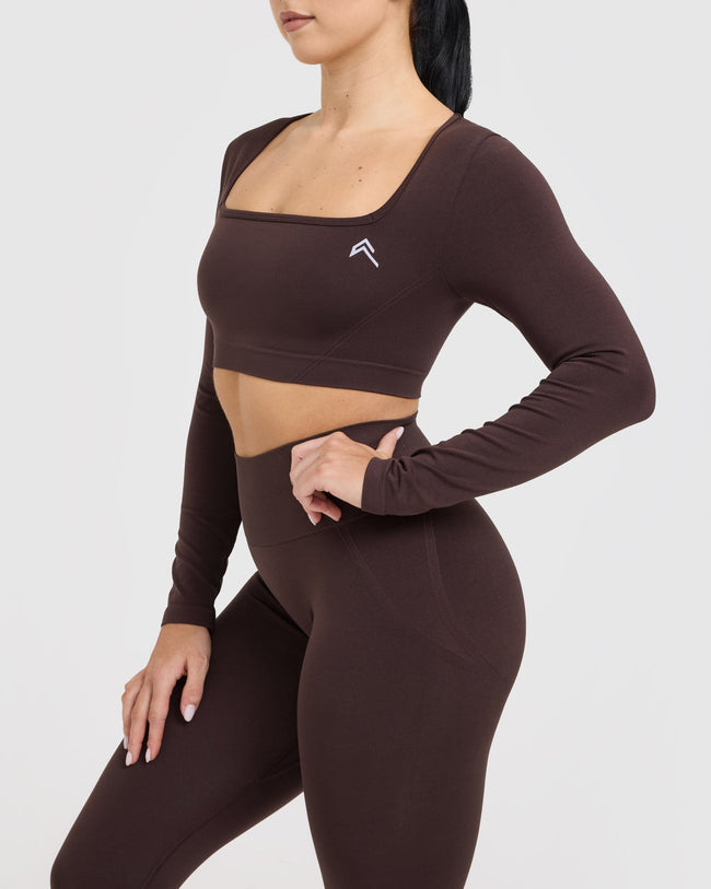Effortless Square Neck Crop Long Sleeve Top with White Logo | Plum Brown