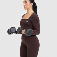 Effortless Square Neck Crop Long Sleeve Top with White Logo | Plum Brown