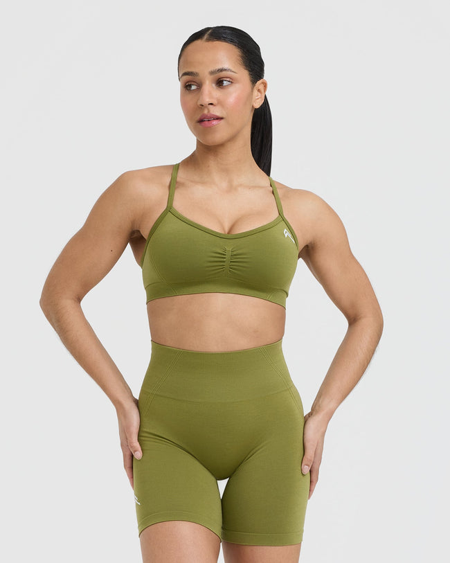 Effortless Strappy Bralette with White Logo | Olive Green