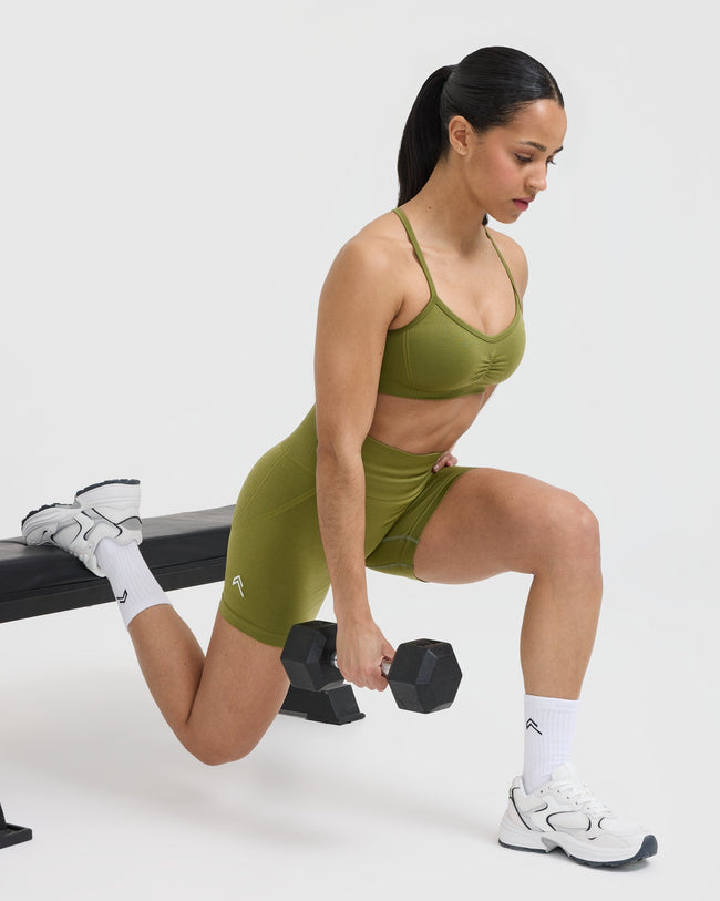 Effortless Strappy Bralette with White Logo | Olive Green