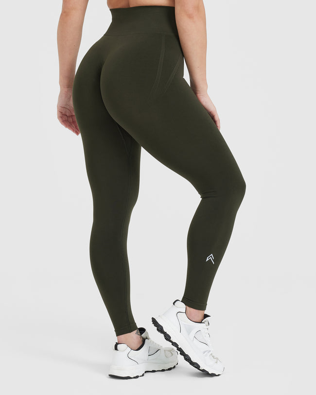 Effortless Seamless Leggings with White Logo | Khaki