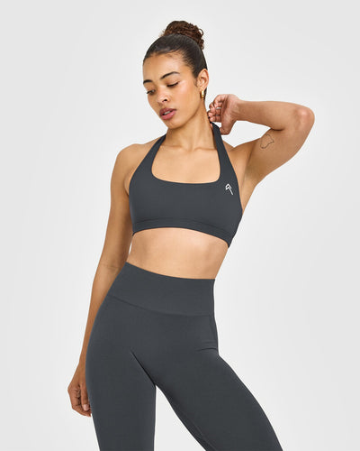 EasyLift™ Halter Bralette with White Logo | Coal