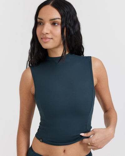 Mellow™ Rib Mid Mock Neck Tank | Oil Blue