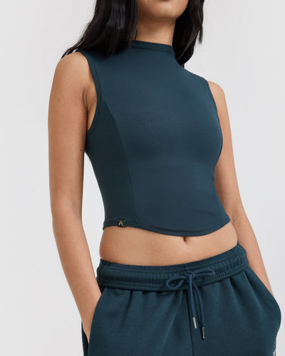 Mellow™ Rib Mid Mock Neck Tank | Oil Blue