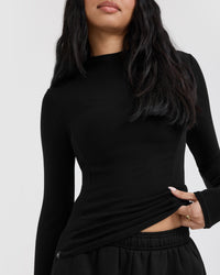 Mellow™ Rib Mock Neck Long Sleeve Top | Black
