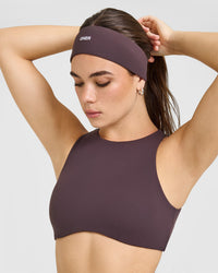 SoftMotion™ High Neck Sports Bra with White Logo | Dark Umber Brown