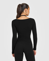 Mellow™ Rib V Neck Mid Long Sleeve Top | Black