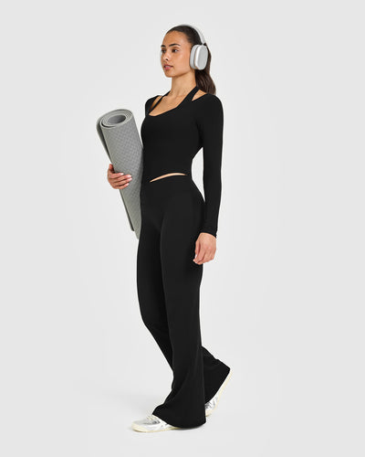 Mellow™ Rib V Neck Mid Long Sleeve Top | Black