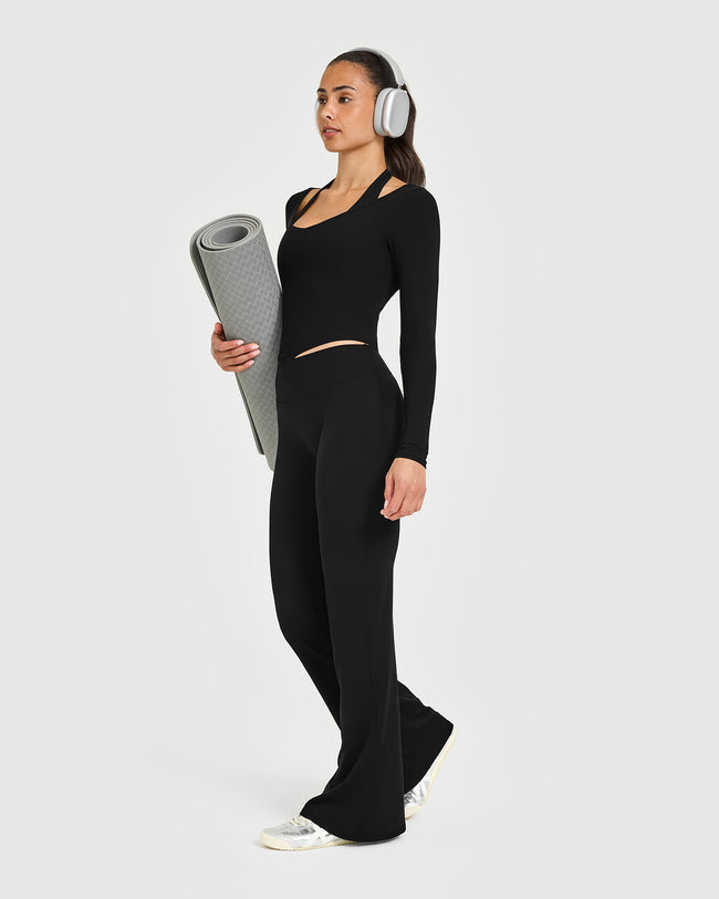 Mellow™ Rib V Neck Mid Long Sleeve Top | Black