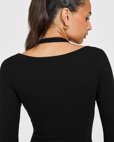 Mellow™ Rib V Neck Mid Long Sleeve Top | Black