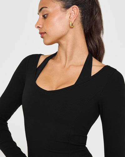 Mellow™ Rib V Neck Mid Long Sleeve Top | Black