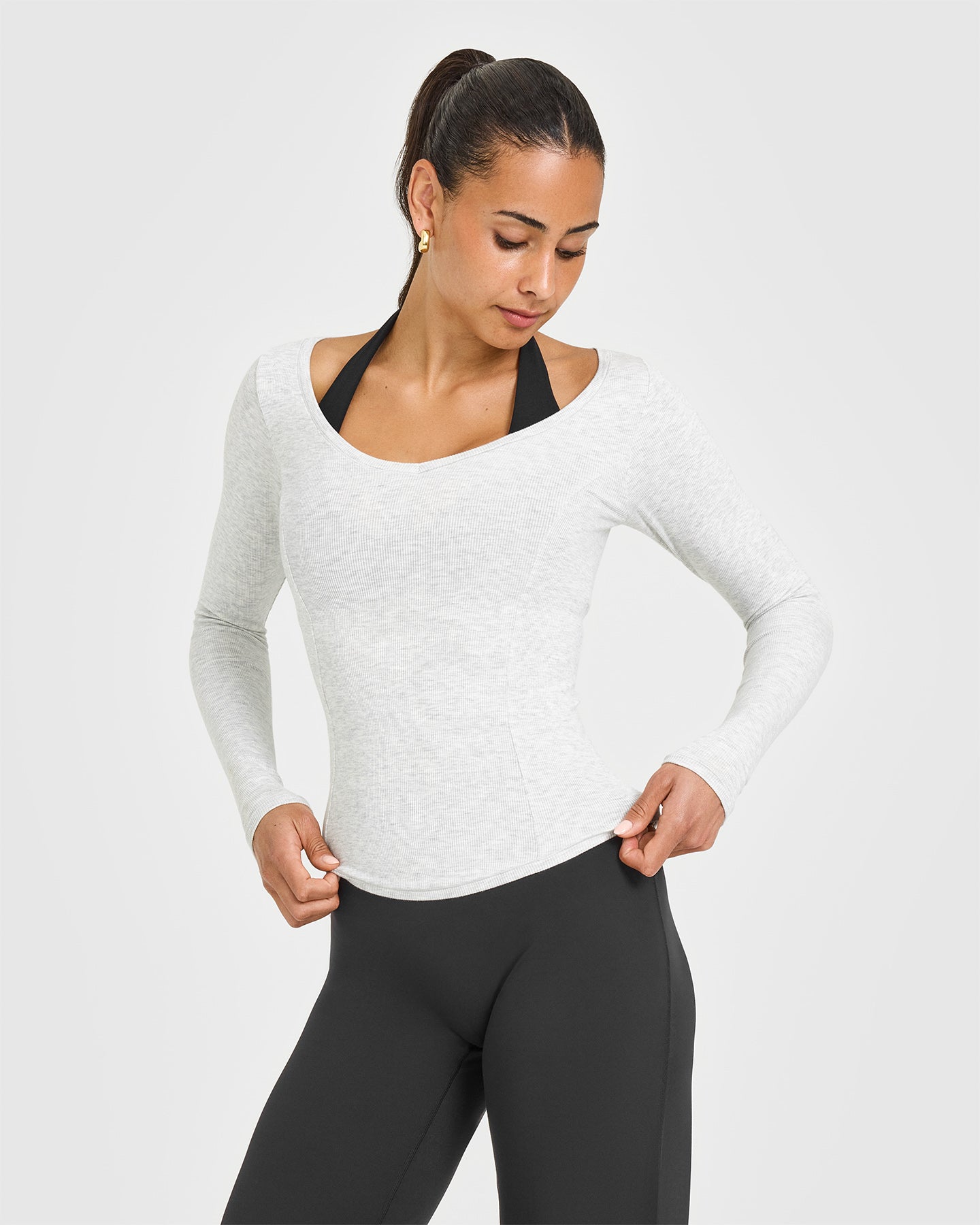 Mellow™ Rib V Neck Long Sleeve Top | Light Grey Marl