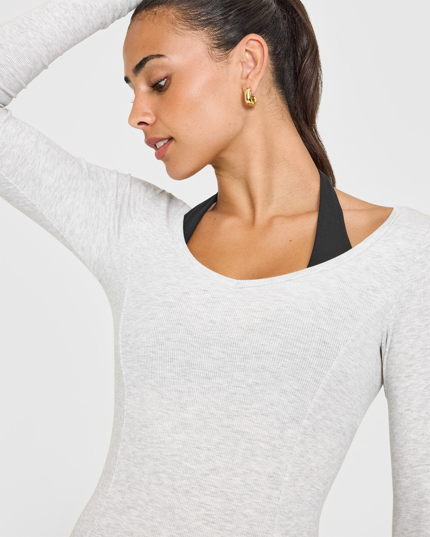 Mellow™ Rib V Neck Long Sleeve Top | Light Grey Marl