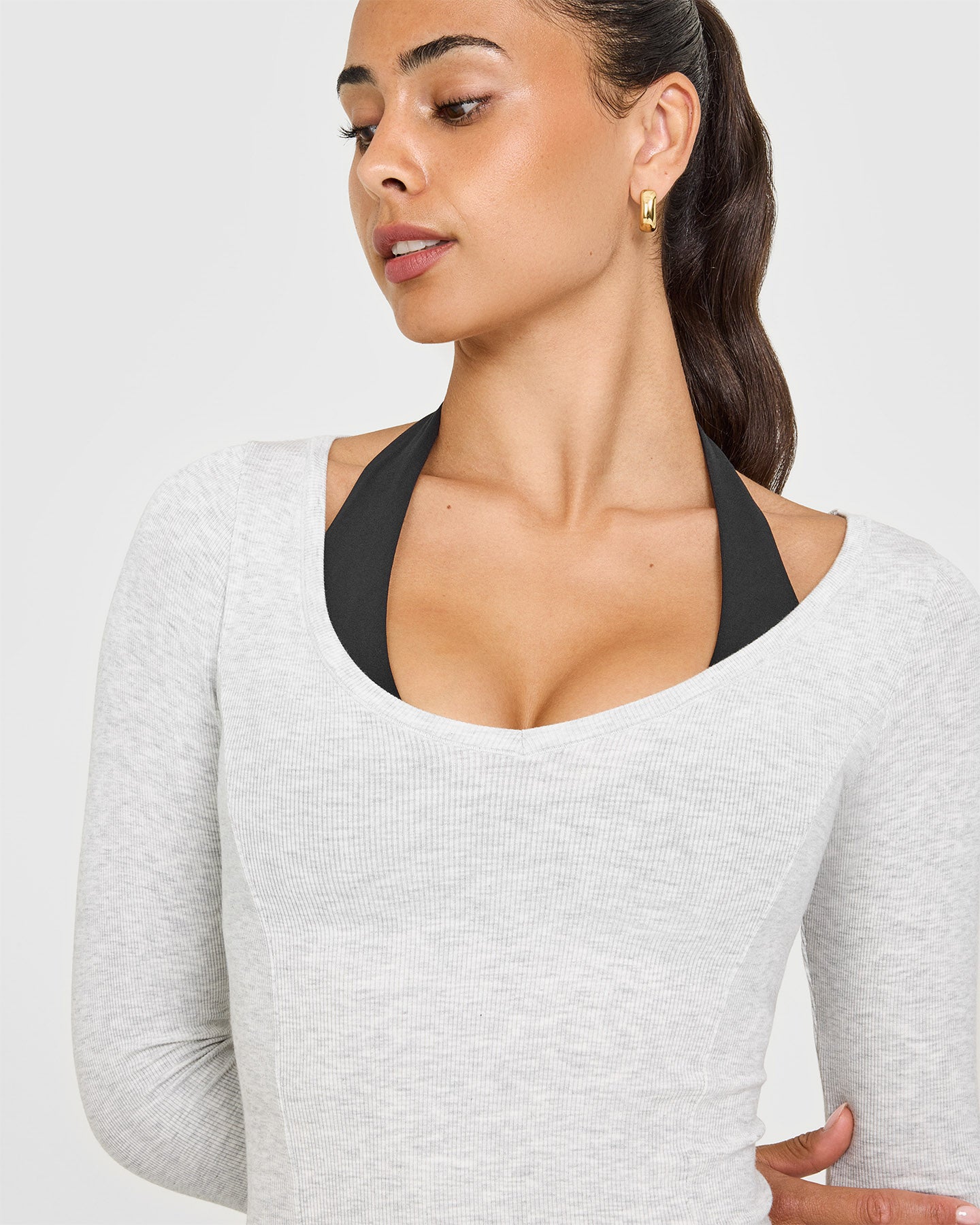 Mellow™ Rib V Neck Mid Long Sleeve Top | Light Grey Marl