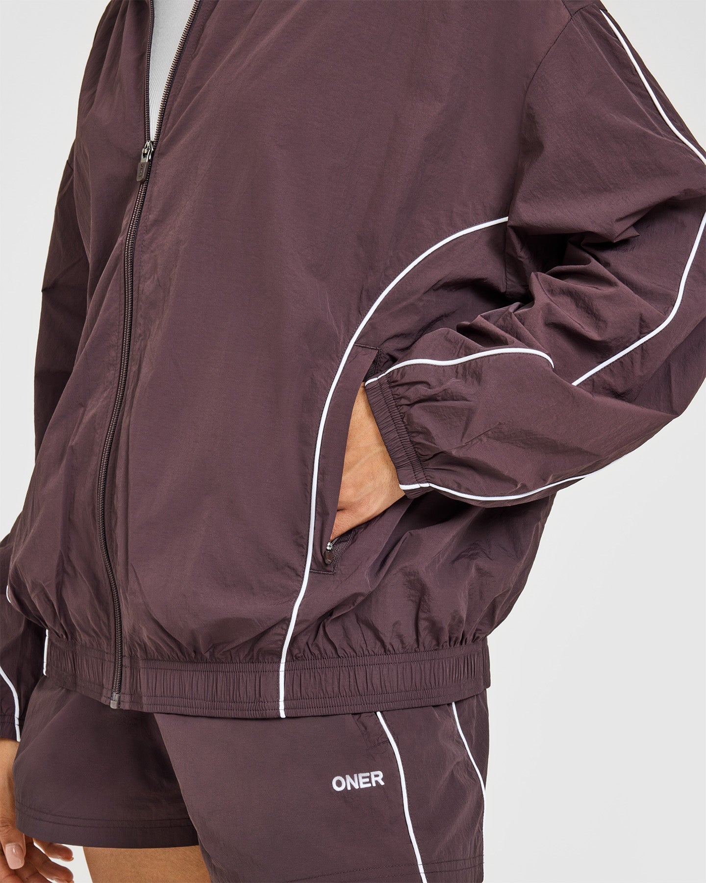 Oversized Piped Woven Track Jacket | Deep Umber Brown